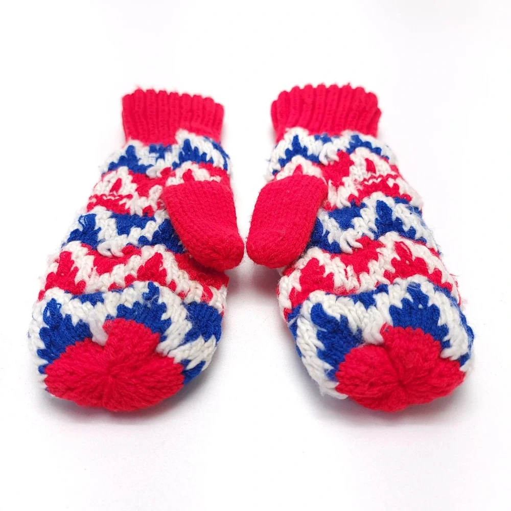 Vintage Mittens Red White & Blue Handmade Knitted Size Medium‎ Cozy Warm